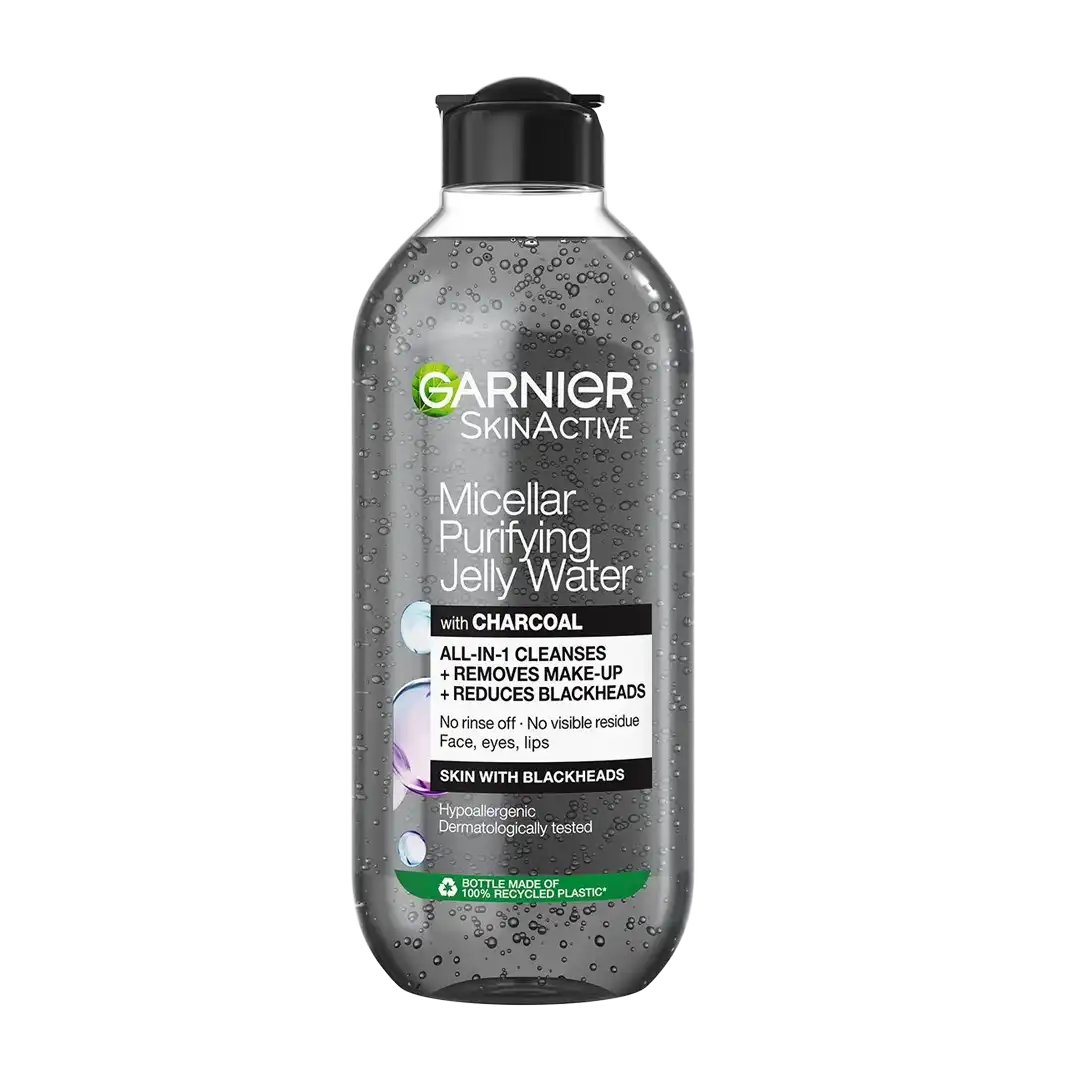 Front of Garnier SkinActive Micellar Purifying Jelly Water with Charcoal, 400ml bottle