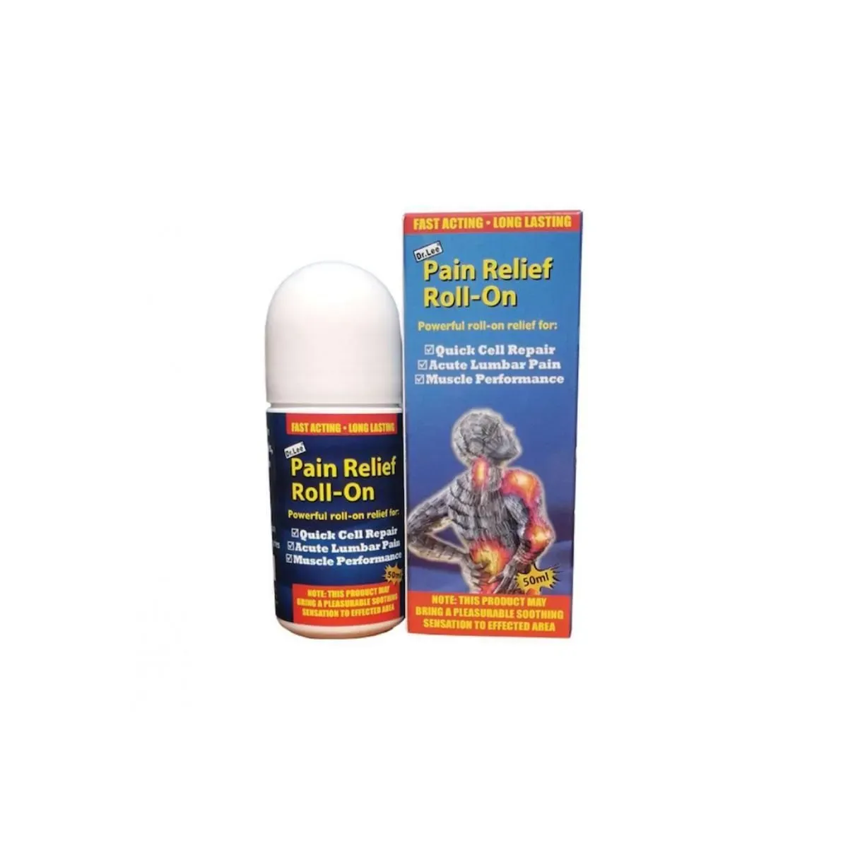 Front of Dr Lee Pain Relief Roll-On 50ml bottle and box