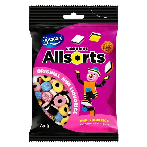Front of Beacon Mini Liquorice Allsorts 75 g bag