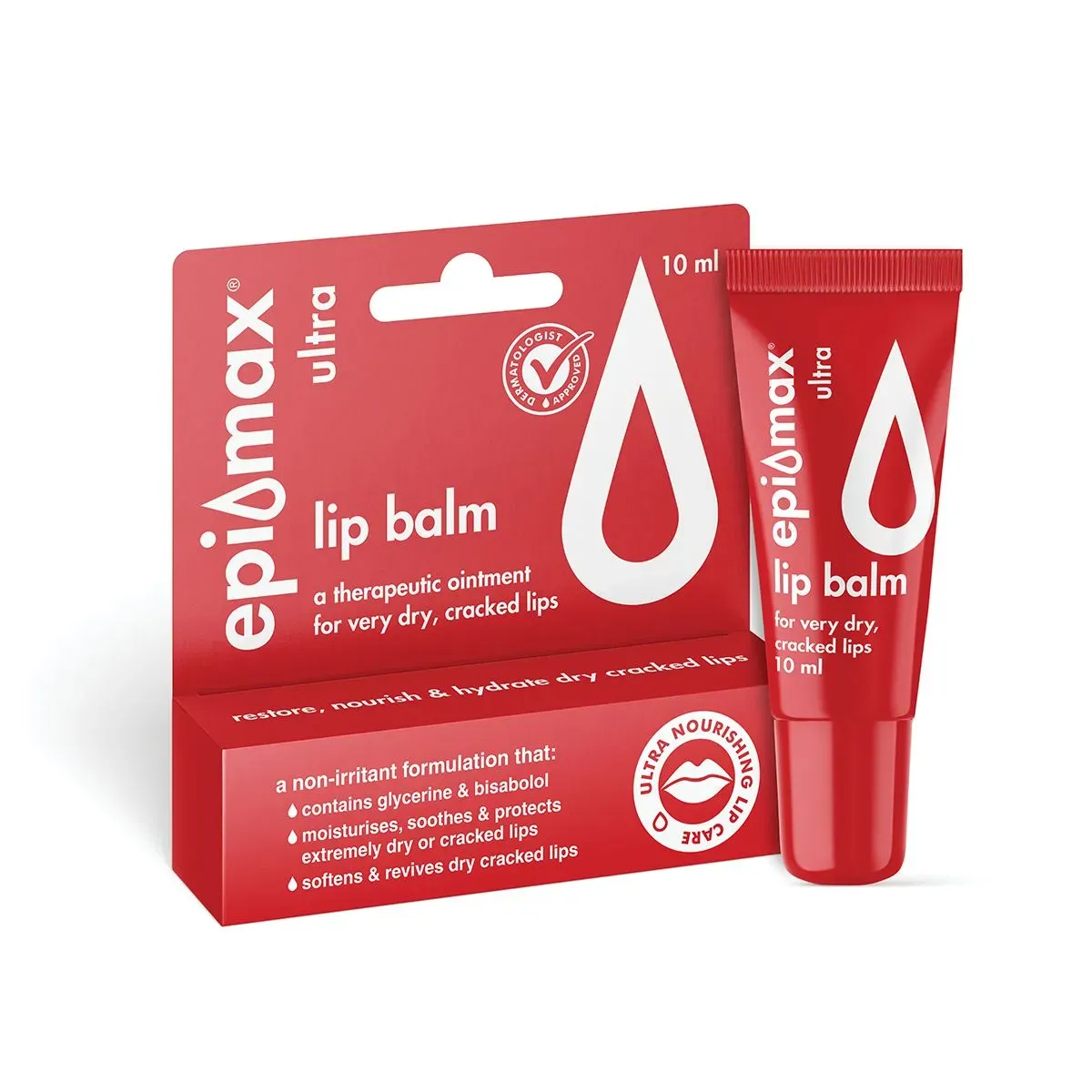 Front of Epimax Ultra Lip Balm 10 ml box and tube