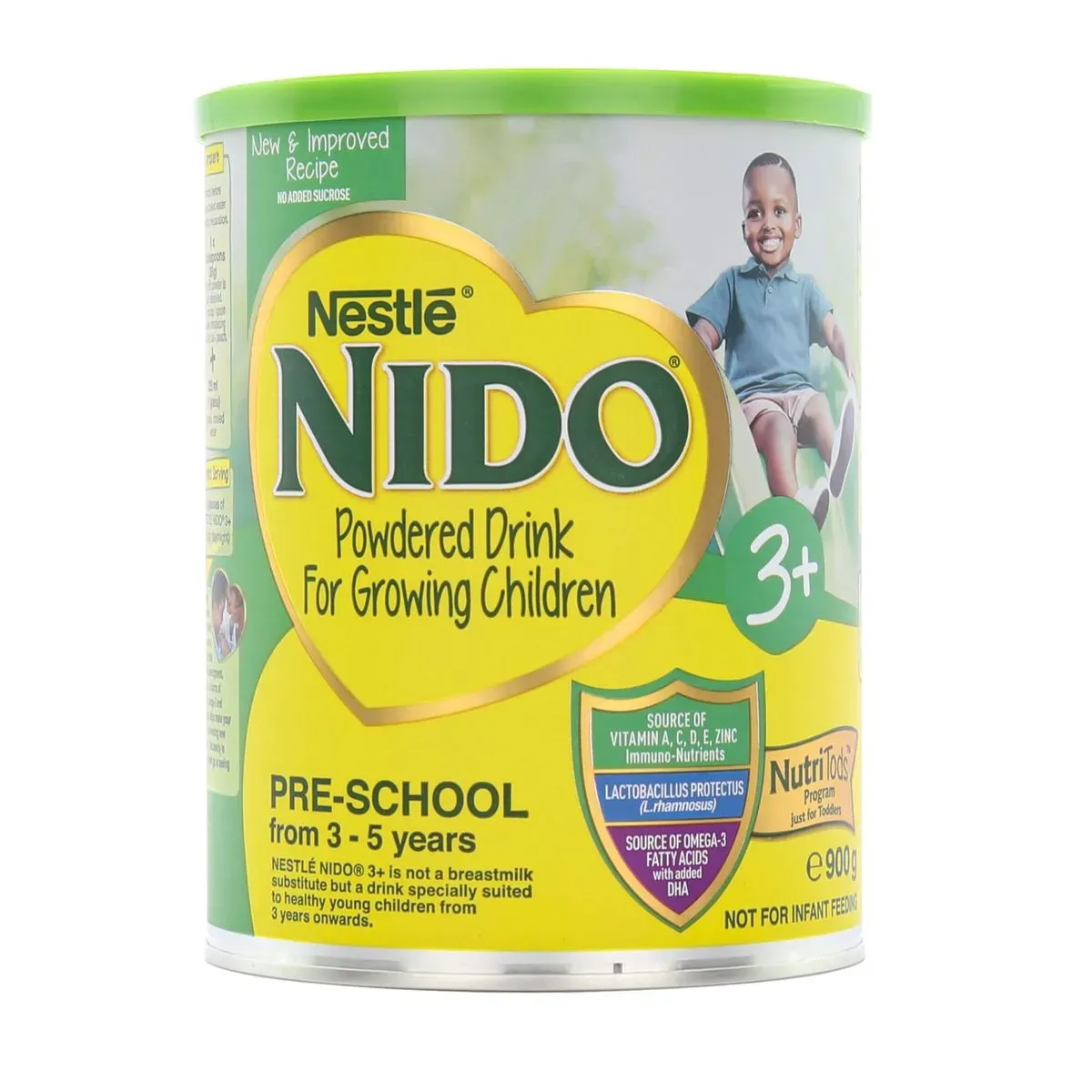 Front of Nestlé NIDO 3+ Powdered Drink for Growing Children 900g tin on white background
