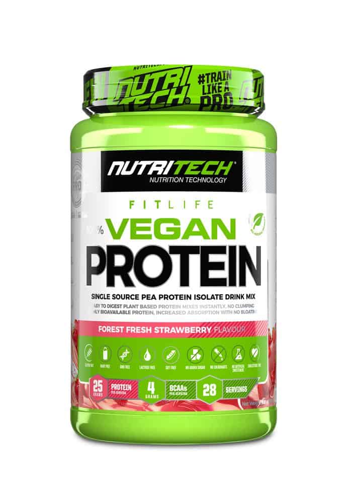 Front of Nutritech Fitlife Vegan Protein Forest Fresh Strawberry tub, 908 g