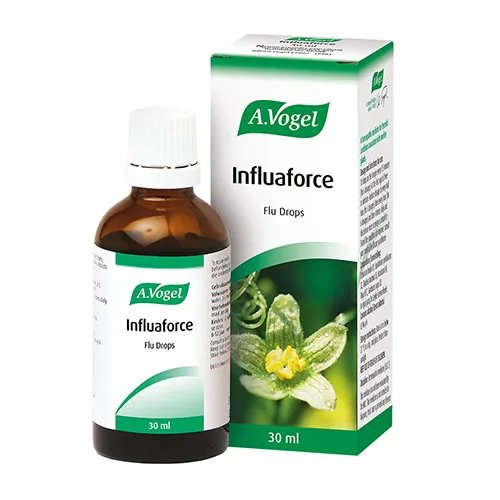 Front of A.Vogel Influaforce Flu Drops 30 ml box and bottle