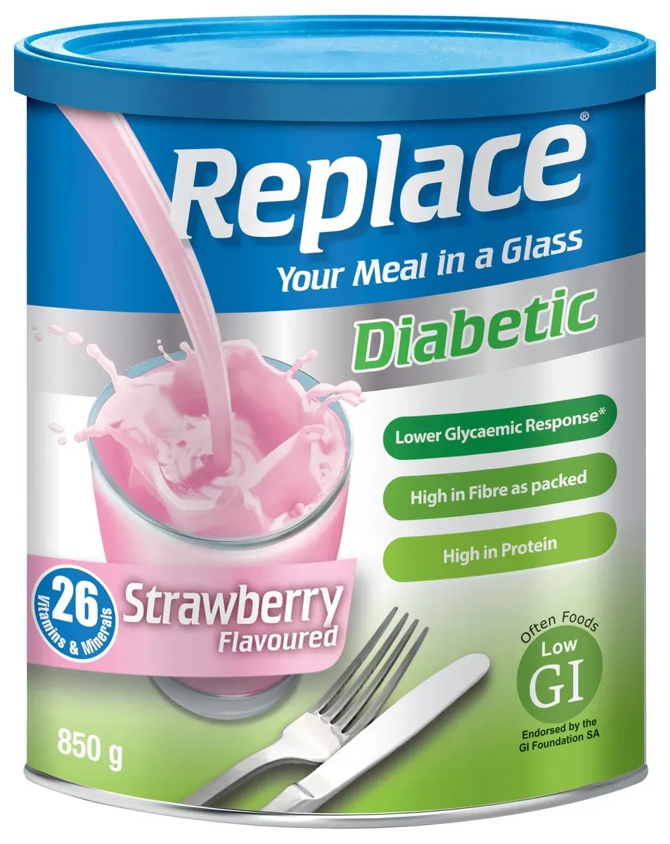 Front of Nativa Replace Diabetic Strawberry Flavoured meal replacement 850 g tin