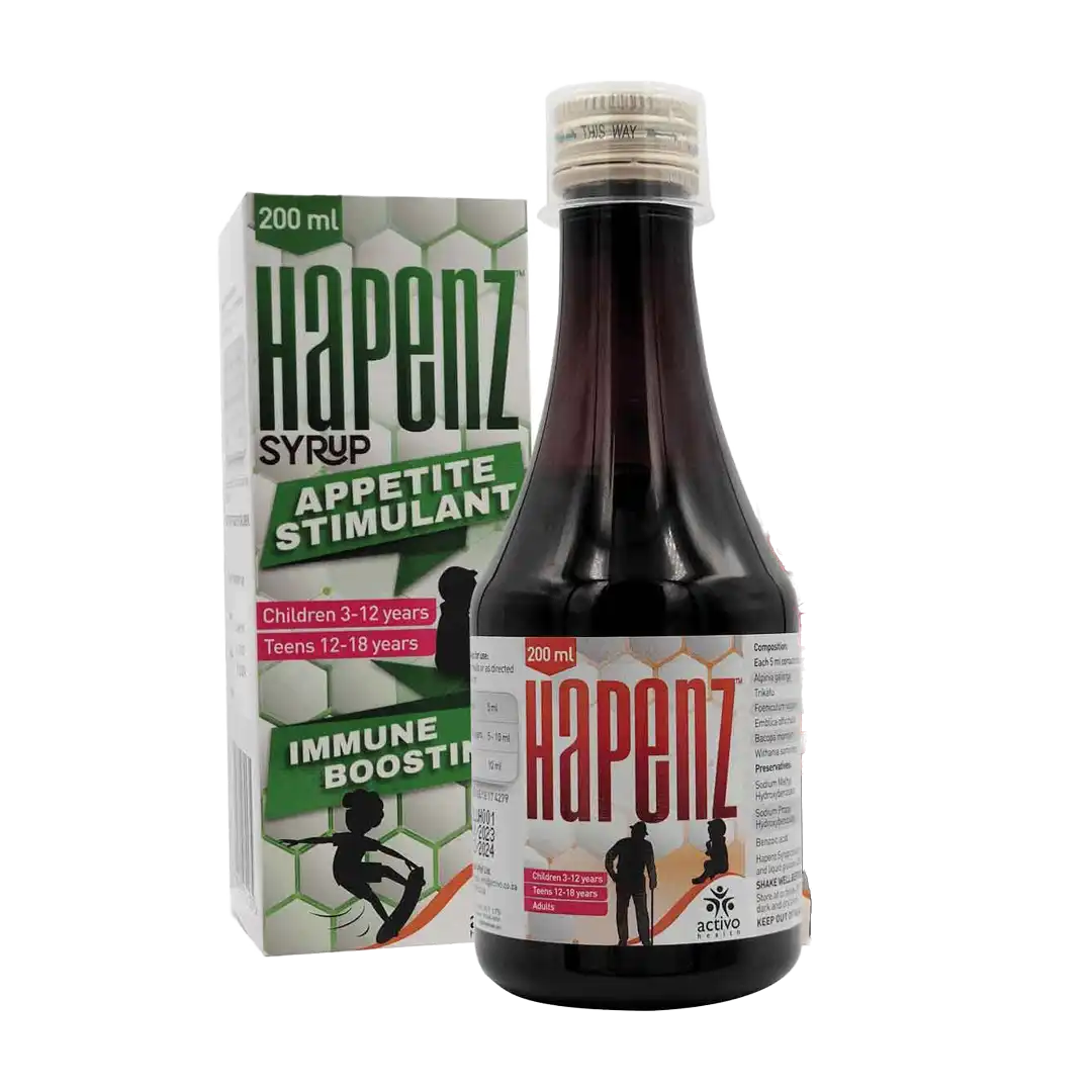 Front of Hapenz Syrup 200ml box and bottle