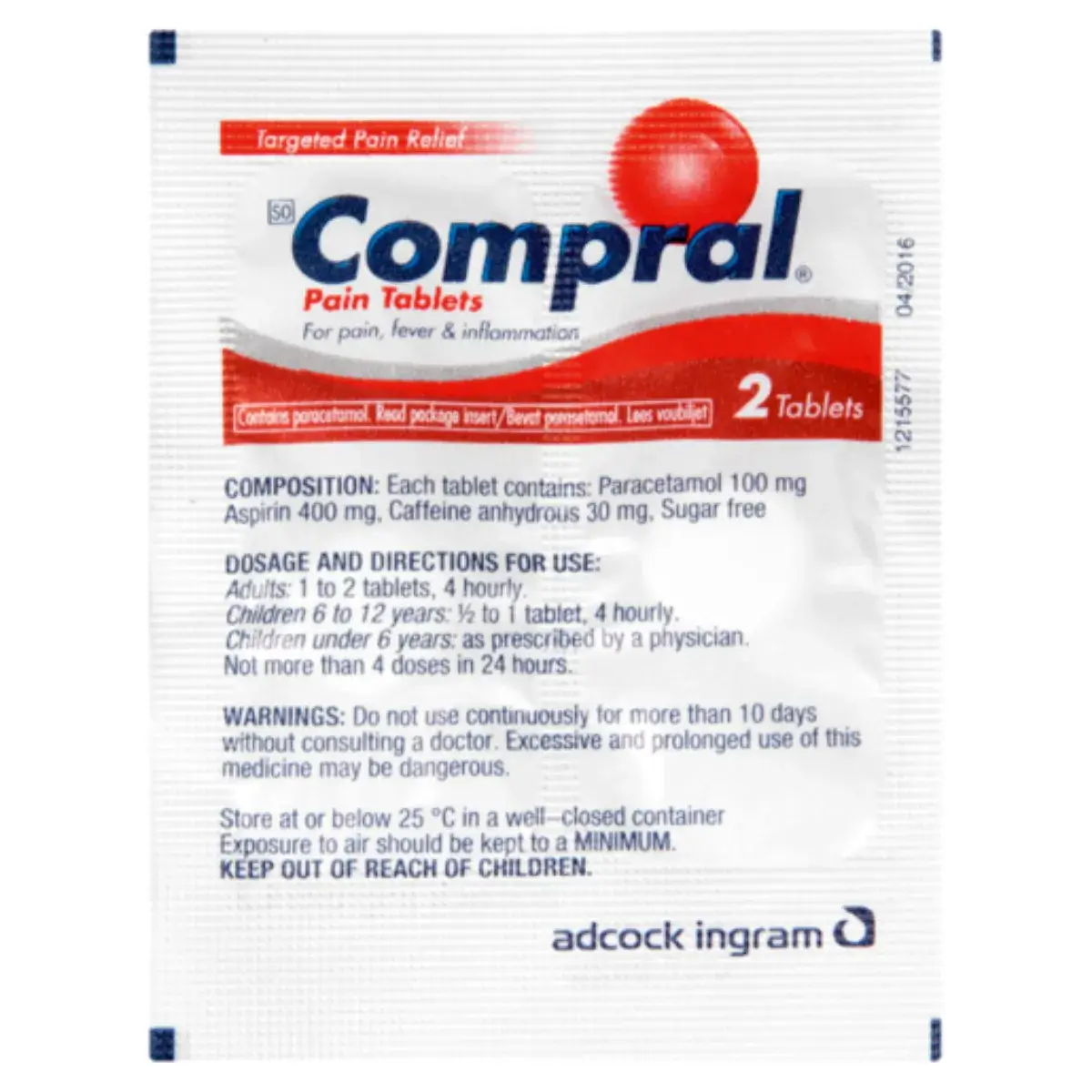 Front of Compral Pain Tablets sachet, 2 tablets
