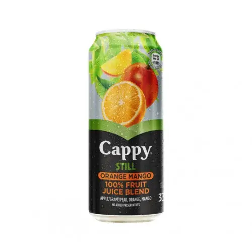 Front of Cappy Still Orange Mango 100% Fruit Juice Blend 330 ml can