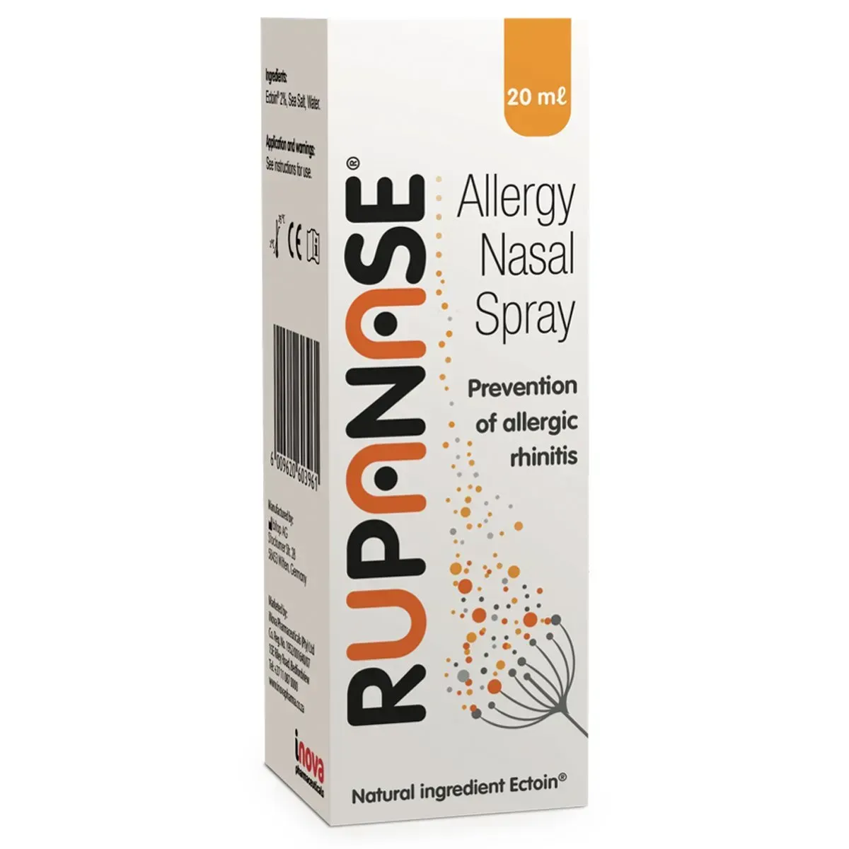 Angled view of Rupanase Allergy Nasal Spray 20 ml box showing front and barcode side