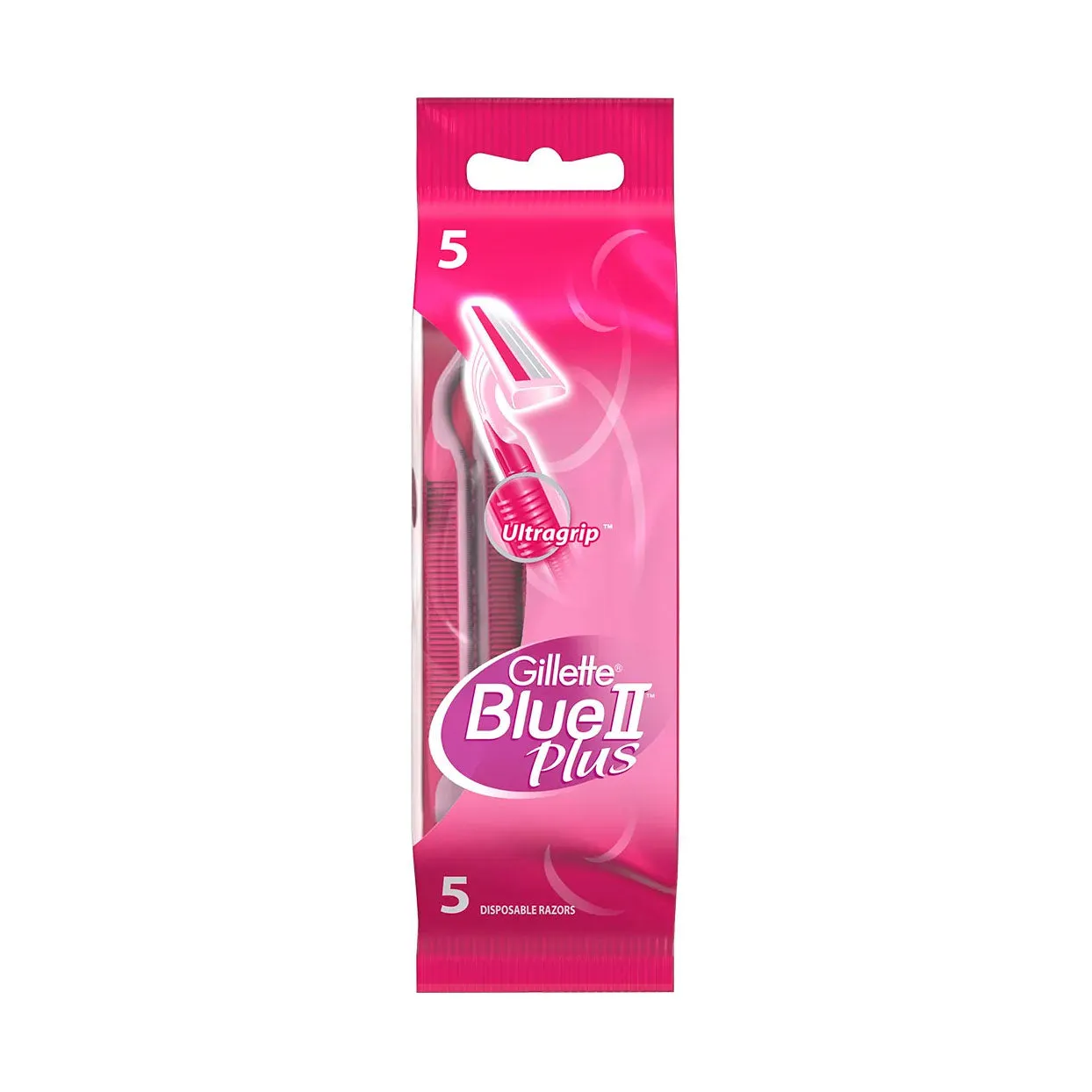 Front of Gillette Blue II Plus for Women disposable razors, pack of 5