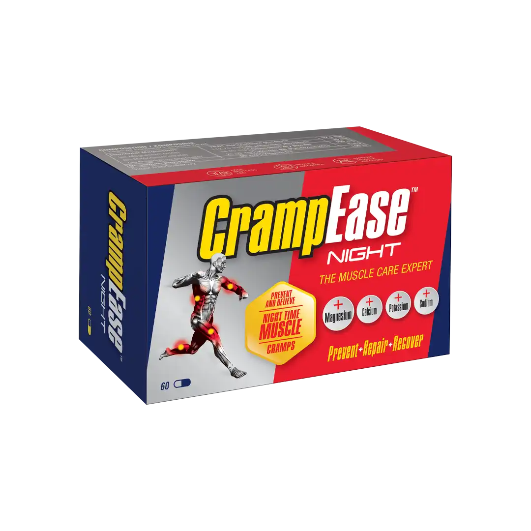 Angled view of CrampEase Night muscle cramp relief 60 capsules box