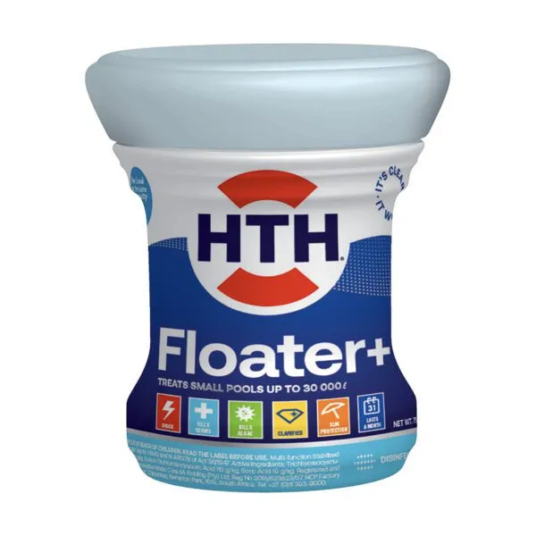 Front of HTH Floater+ Small Pool Floater 750g container