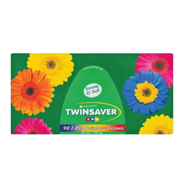 Front of Twinsaver 2-Ply Rainbow Facial Tissues, 90 tissues box