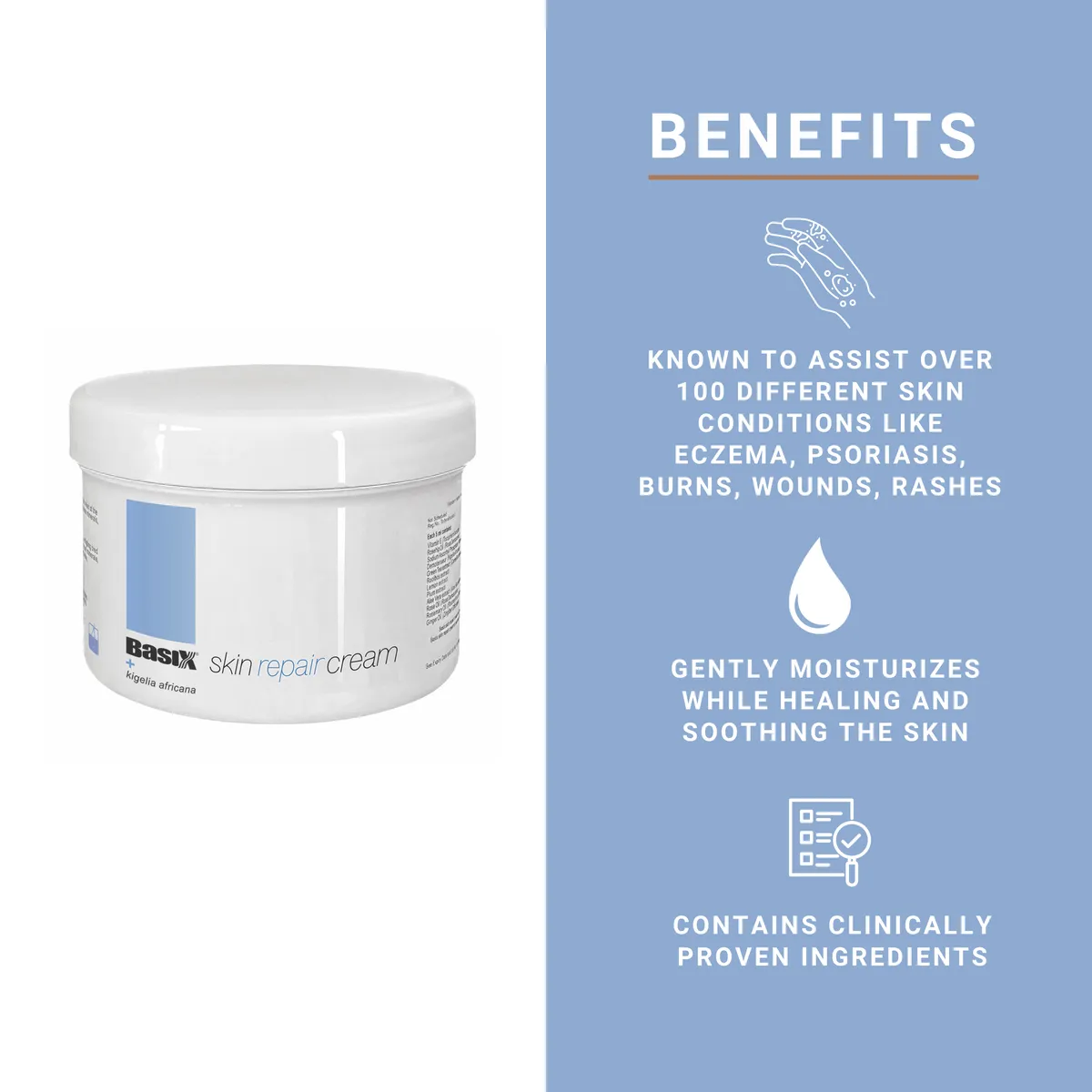 Front angled view of Basix Skin Repair Cream 250ml tub