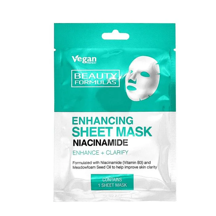 Front of Beauty Formulas Niacinamide Enhancing Sheet Mask sachet, 1 sheet mask