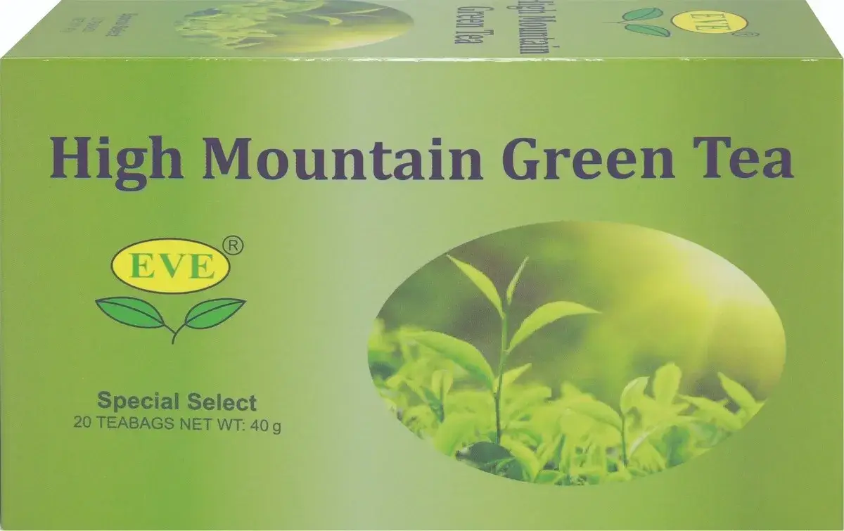 Front/side of Eve's High Mountain Green Tea box, 20 teabags