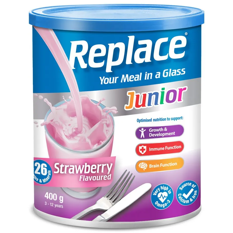 Front of Replace Junior Strawberry Flavoured 400g tin