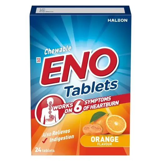 Front of ENO Chewable Orange Flavour Tablets, 24 tablets box
