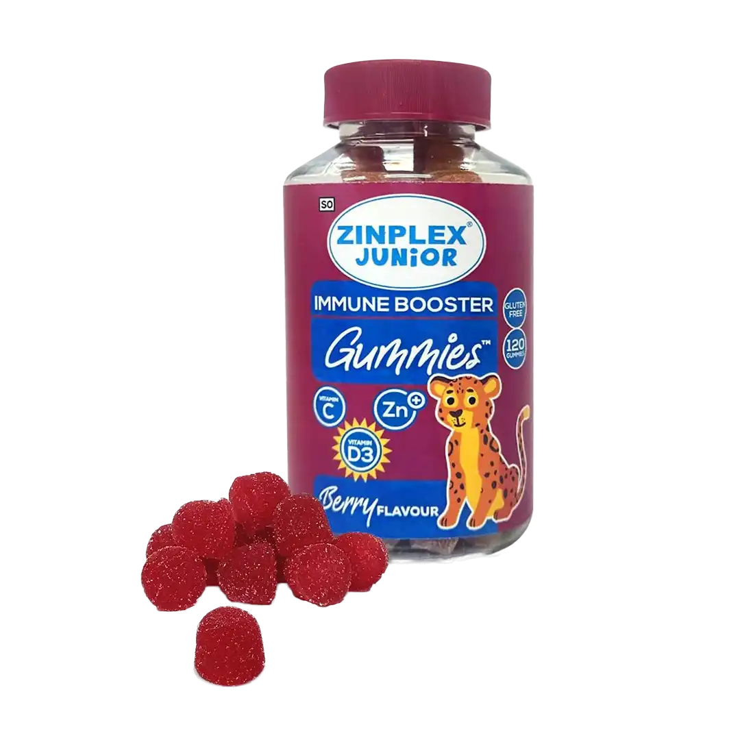 Front of Zinplex Junior Immune Booster Gummies Berry flavour, 120 gummies bottle