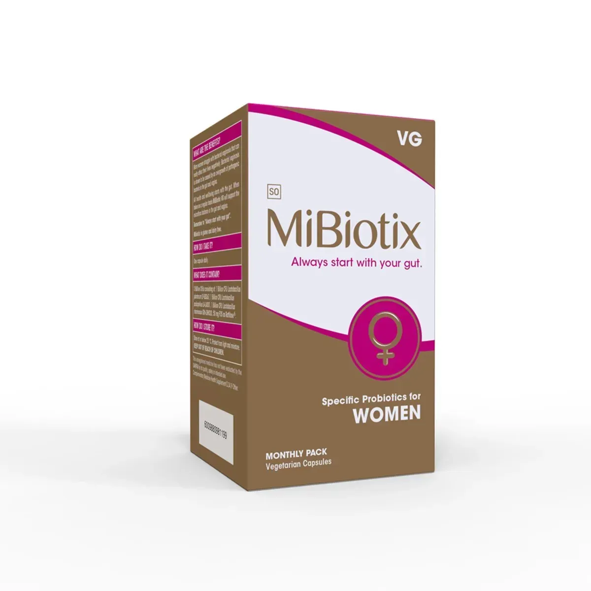 Angled front view of MiBiotix VG Women Probiotic Capsules 30's monthly pack box