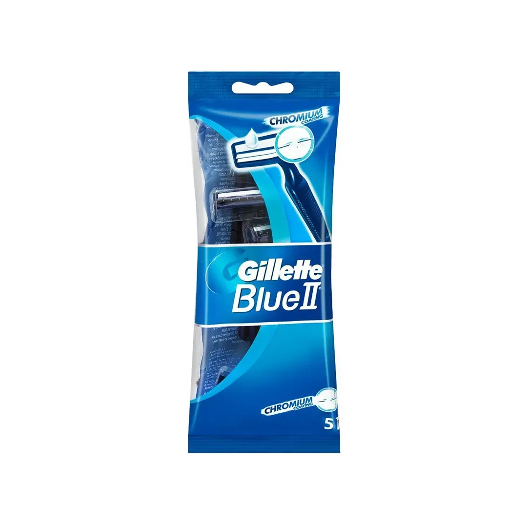 Front of Gillette Blue II Plus 5 disposable razors pack, high resolution