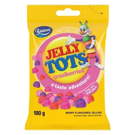 Front of Beacon Jelly Tots Craziberries flavoured jellies 100 g bag