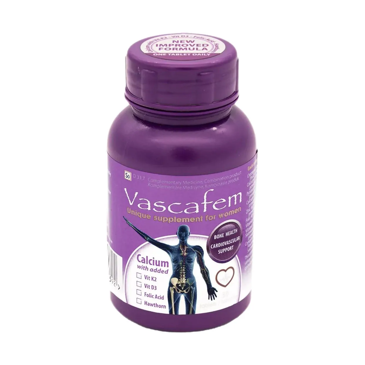 Front of Vascafem 30 Tablets bottle, new improved formula, calcium supplement for women