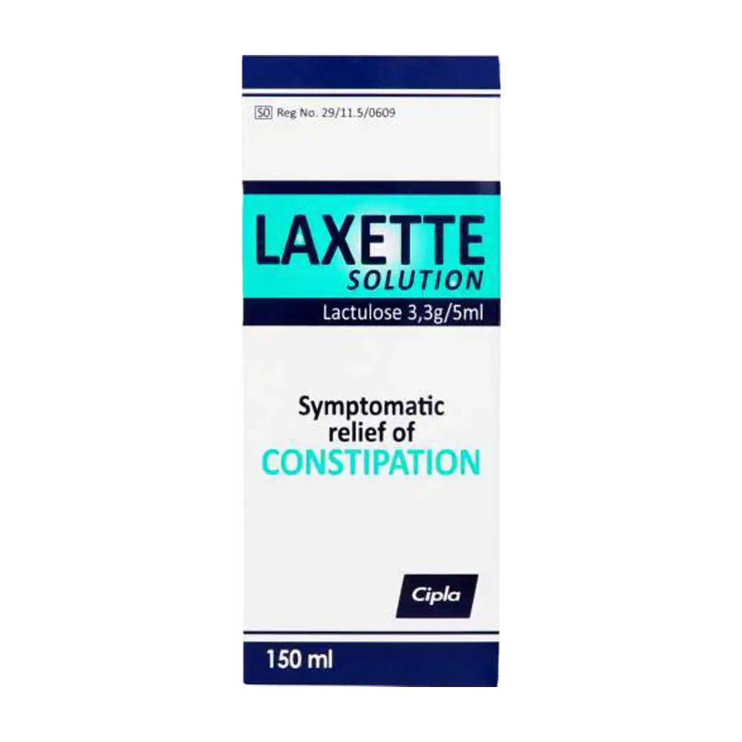 Front of Cipla Laxette Solution Lactulose 150 ml box on white background