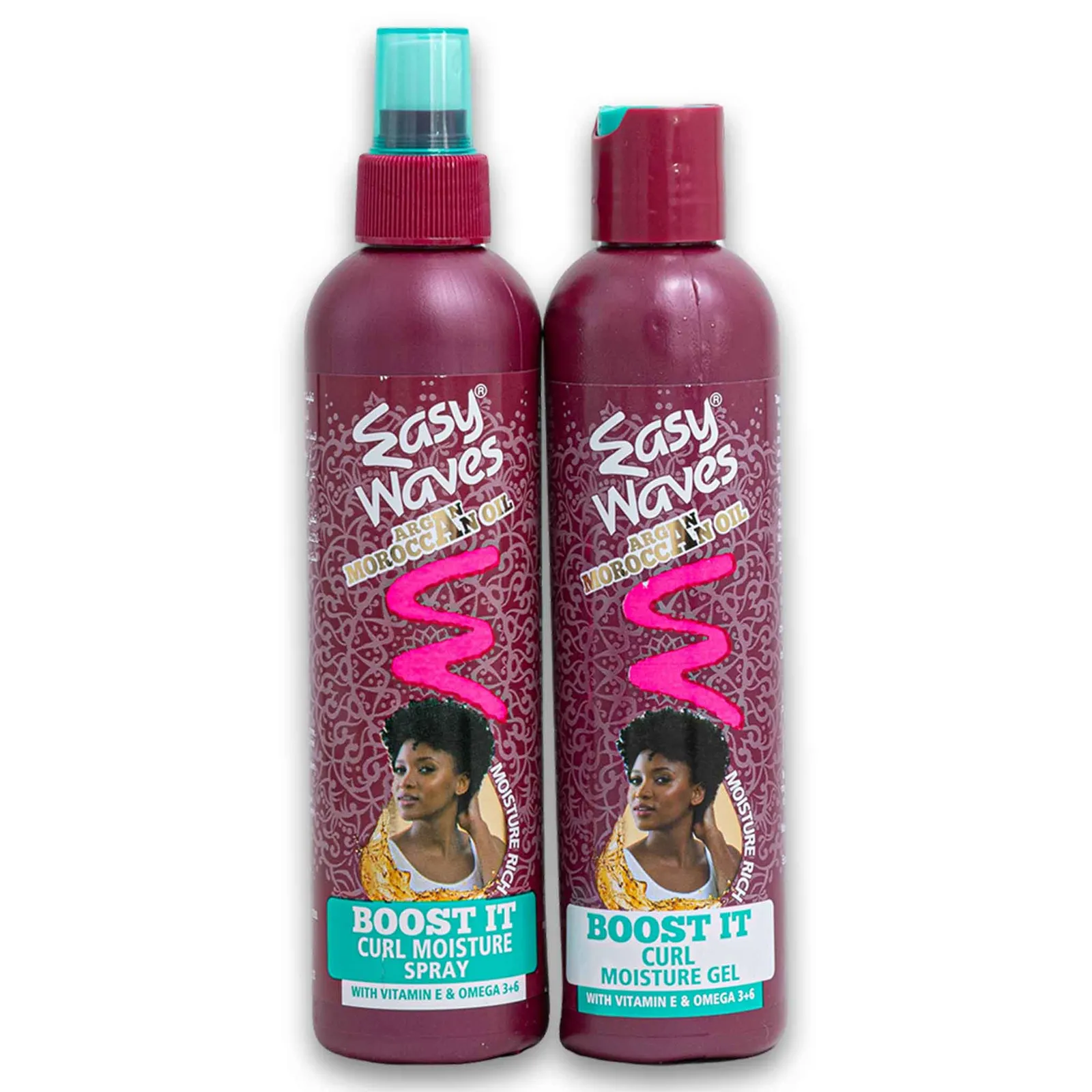 Front of Easy Waves Argan Moroccan Oil Boost It Curl Moisture Spray 250ml and Curl Moisture Gel 250ml bottles