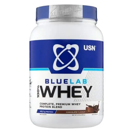 Front of USN BlueLab 100% Premium Whey Chocolate 908 g tub