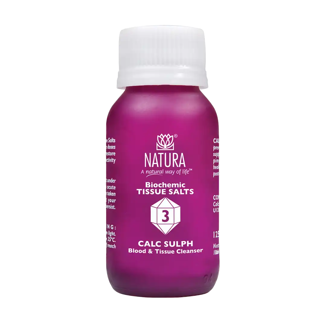 Front of Natura Biochemic Tissue Salts Calc Sulph 3, 125 tablets bottle on white background