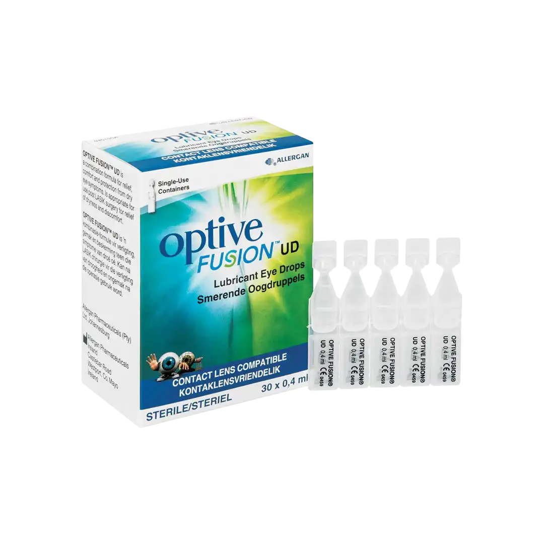 Front angled view of AbbVie Optive Fusion UD Lubricant Eye Drops 30 x 0.4 ml box with single-use vials