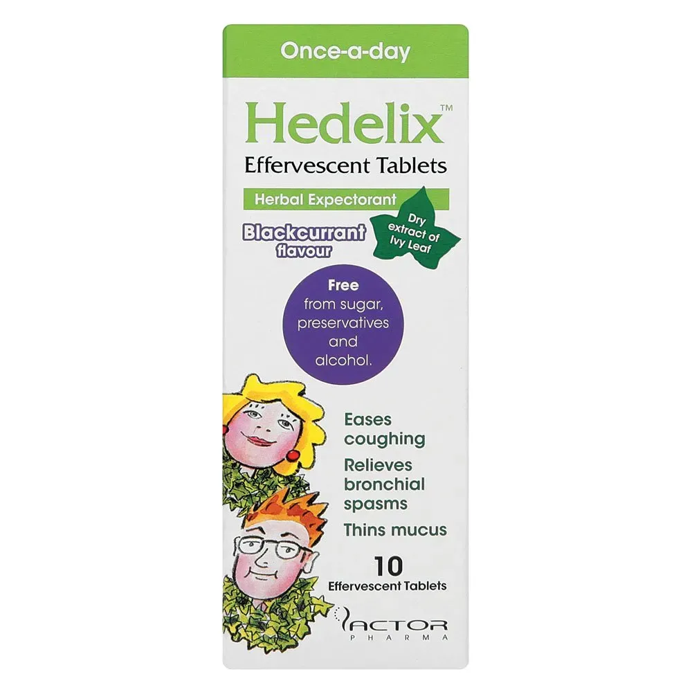 Front of Hedelix Effervescent Tablets Blackcurrant flavour 10 tablets box