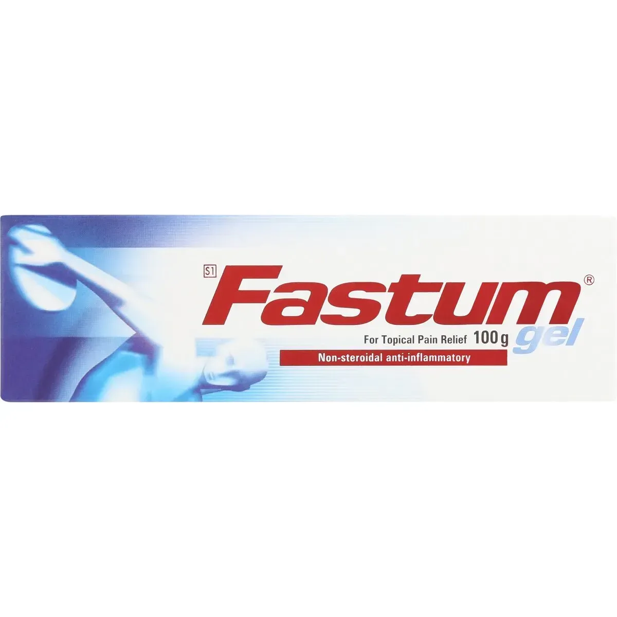 Front of Fastum Gel 100 g box for topical pain relief