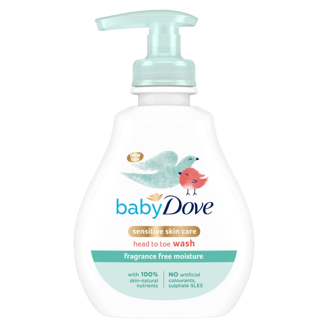 Front of Baby Dove Sensitive Skin Care Head to Toe Wash 200ml pump bottle on white background
