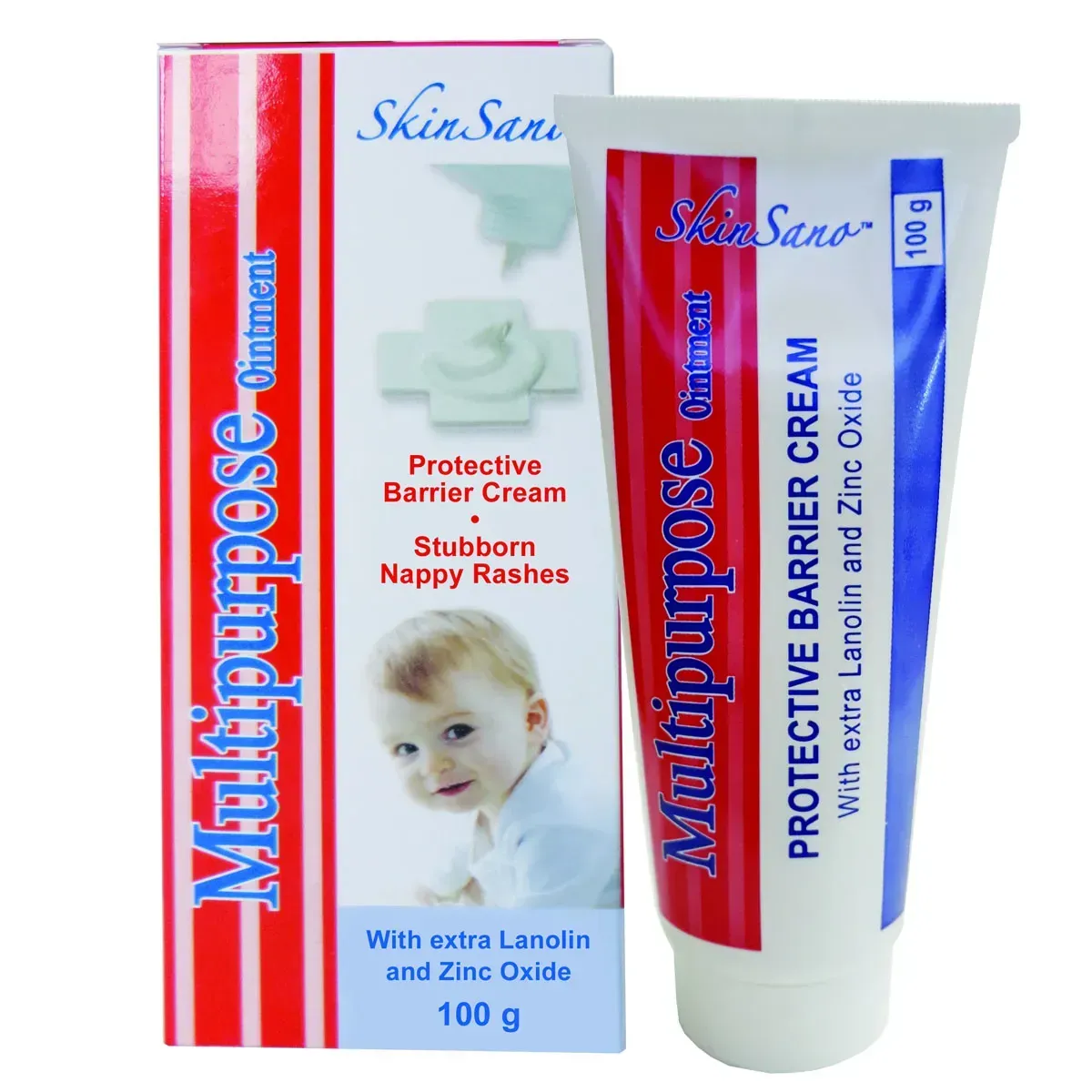 Front of SkinSano Multipurpose Ointment 100 g box and tube