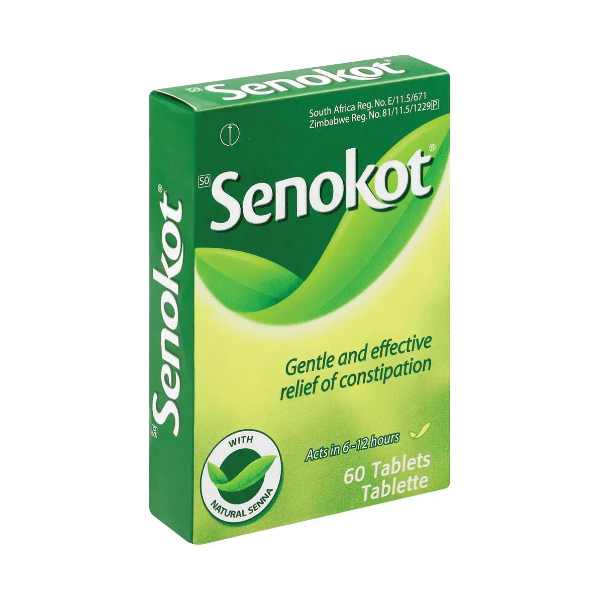 Angled front view of Senokot 60 Tablets box, high resolution