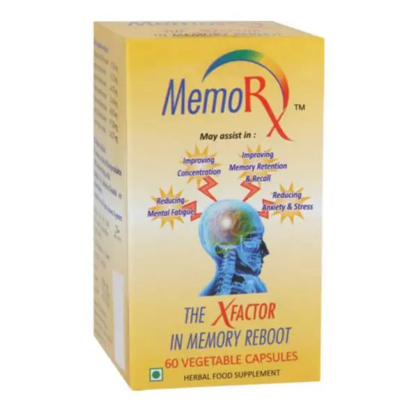 Front of MemoRX Herbal Food Supplement box, 60 vegetable capsules