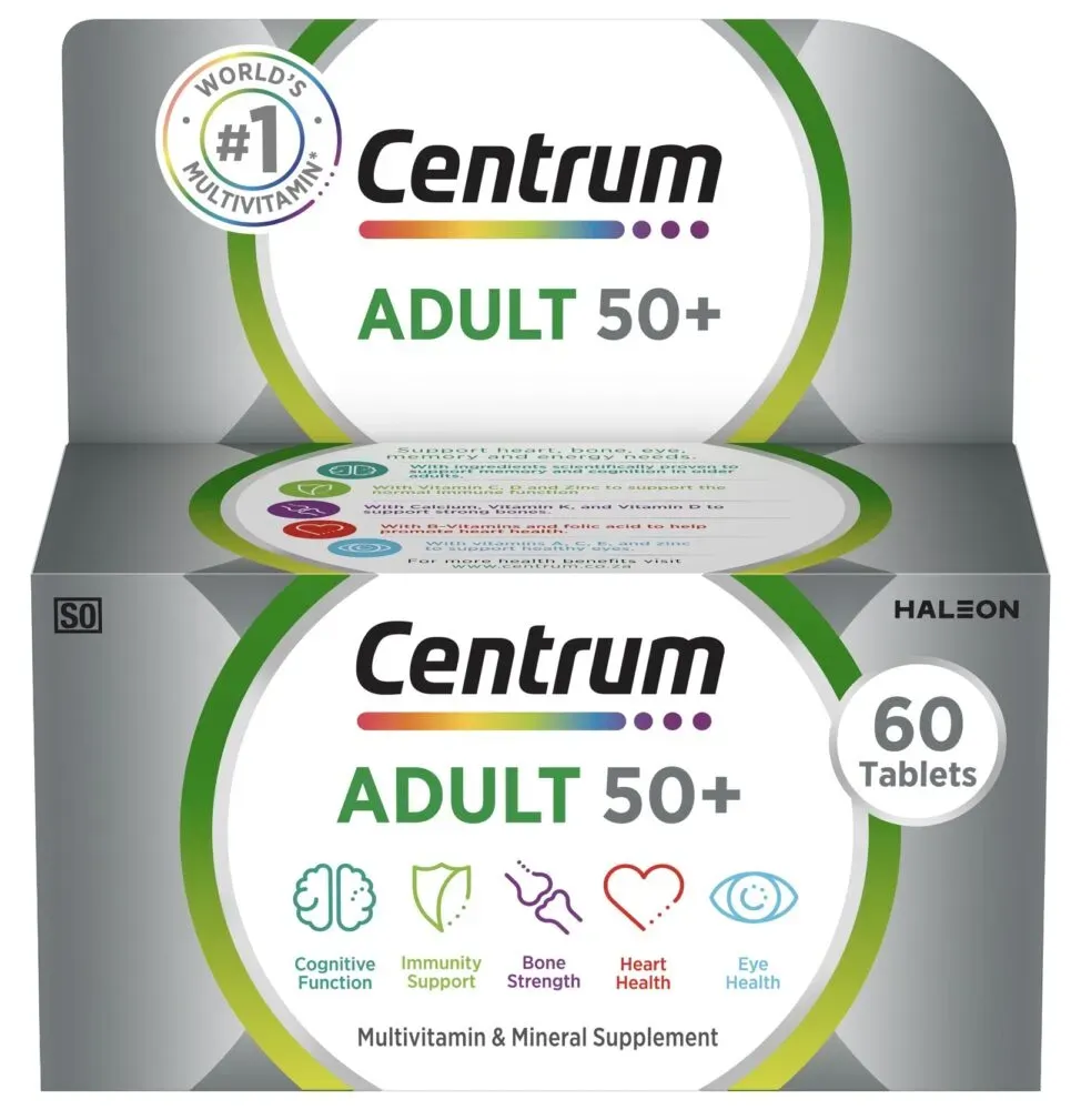 Front and top of Centrum Adult 50+ Multivitamin Tablets 60 pack