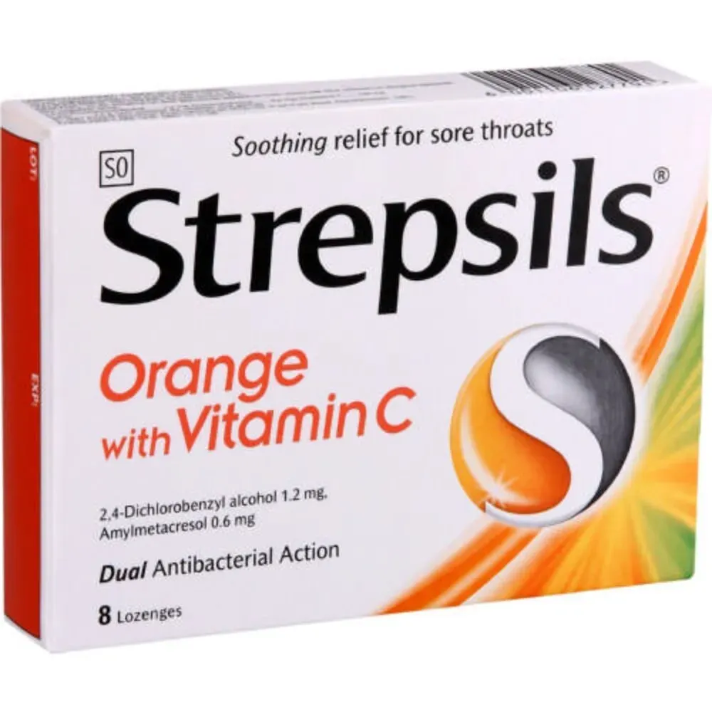 Angled front view of Strepsils Orange with Vitamin C lozenges box, 8 lozenges