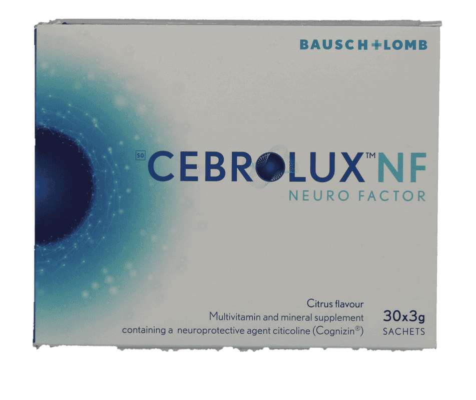 Front of Cebrolux NF Neuro Factor 30 x 3 g sachets box, citrus flavour