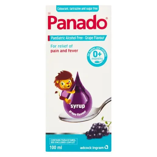 Front of Panado Paediatric Grape Flavour Syrup 100ml box