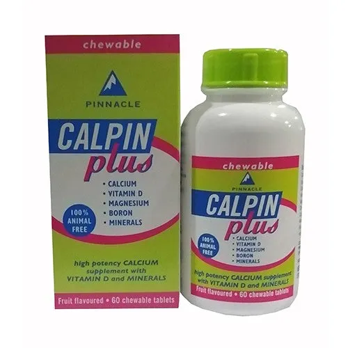 Front of Pinnacle Calpin Plus Chewable Tablets, 60's, box and bottle