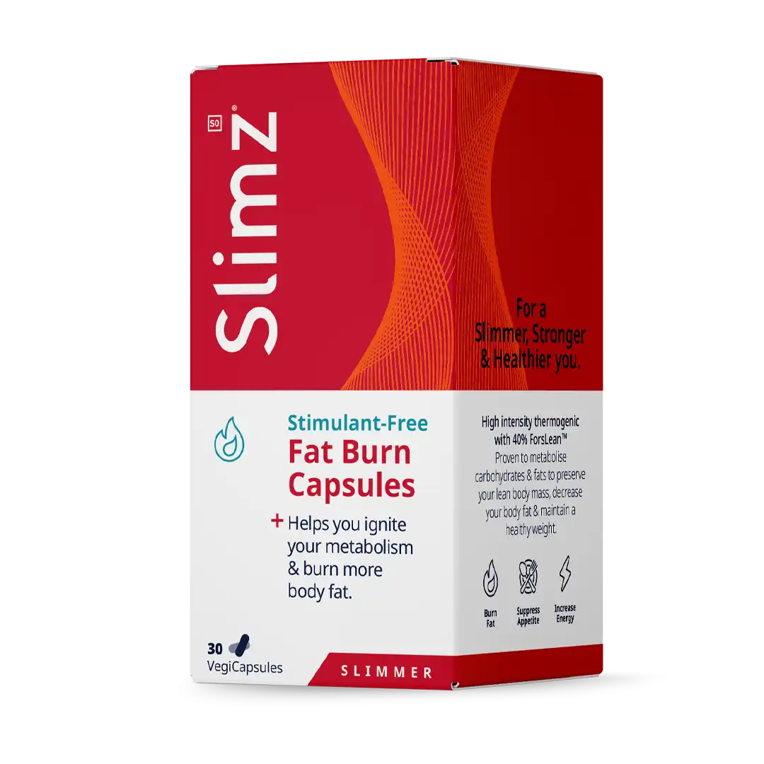Angled view of Slimz Stimulant-Free Fat Burn Capsules 30 VegiCapsules box, higher resolution