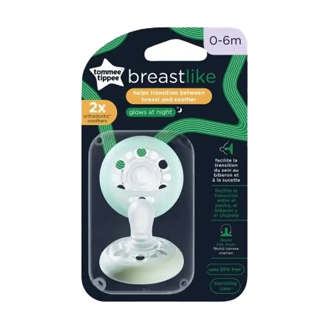 Front of Tommee Tippee Breastlike Night Time Soother 0-6m pack, 2 soothers, high resolution
