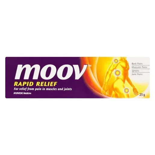Front of Moov Rapid Relief 25 g pain relief cream tube box