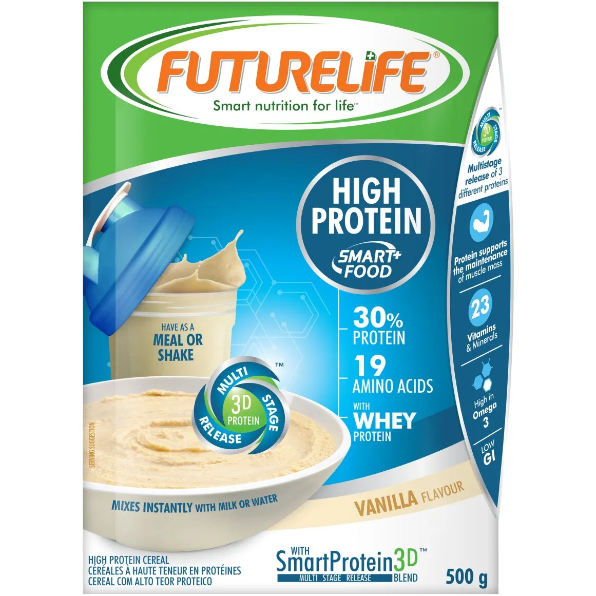 Front of Futurelife High Protein Vanilla flavour 500 g pack