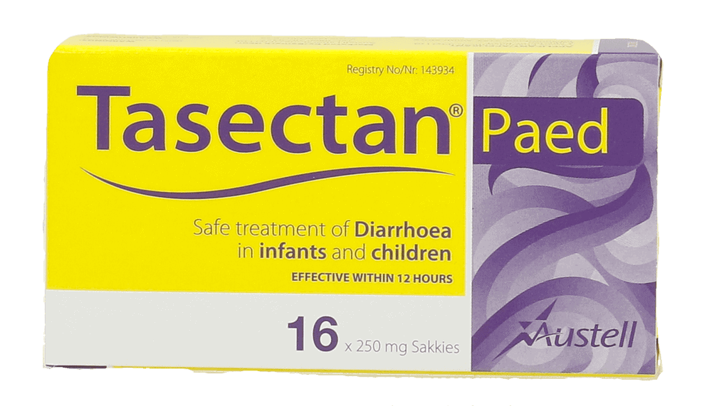 Front of Tasectan Paed 16 x 250 mg sachets box
