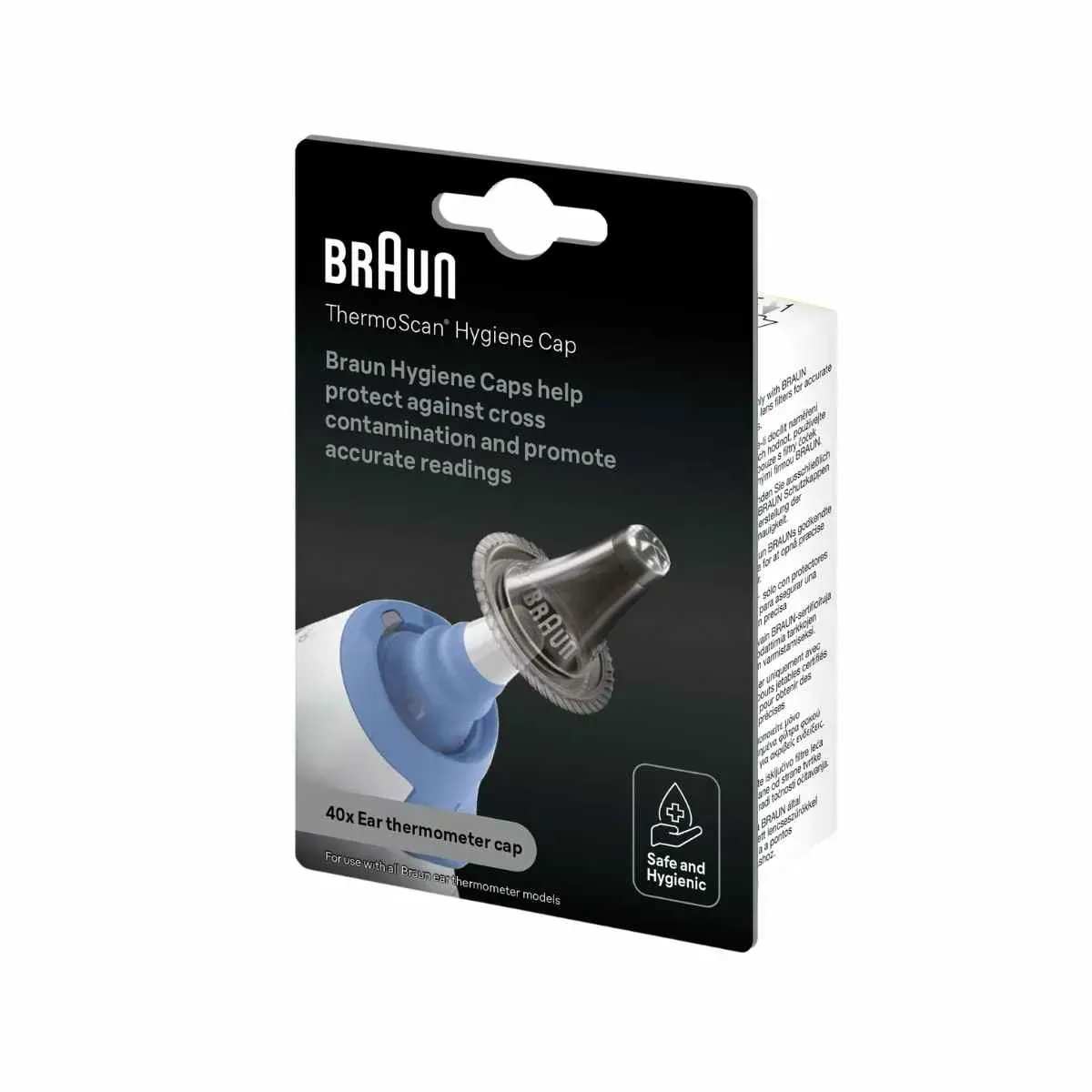 Angled view of Braun ThermoScan Hygiene Cap Lens Filters, pack of 40