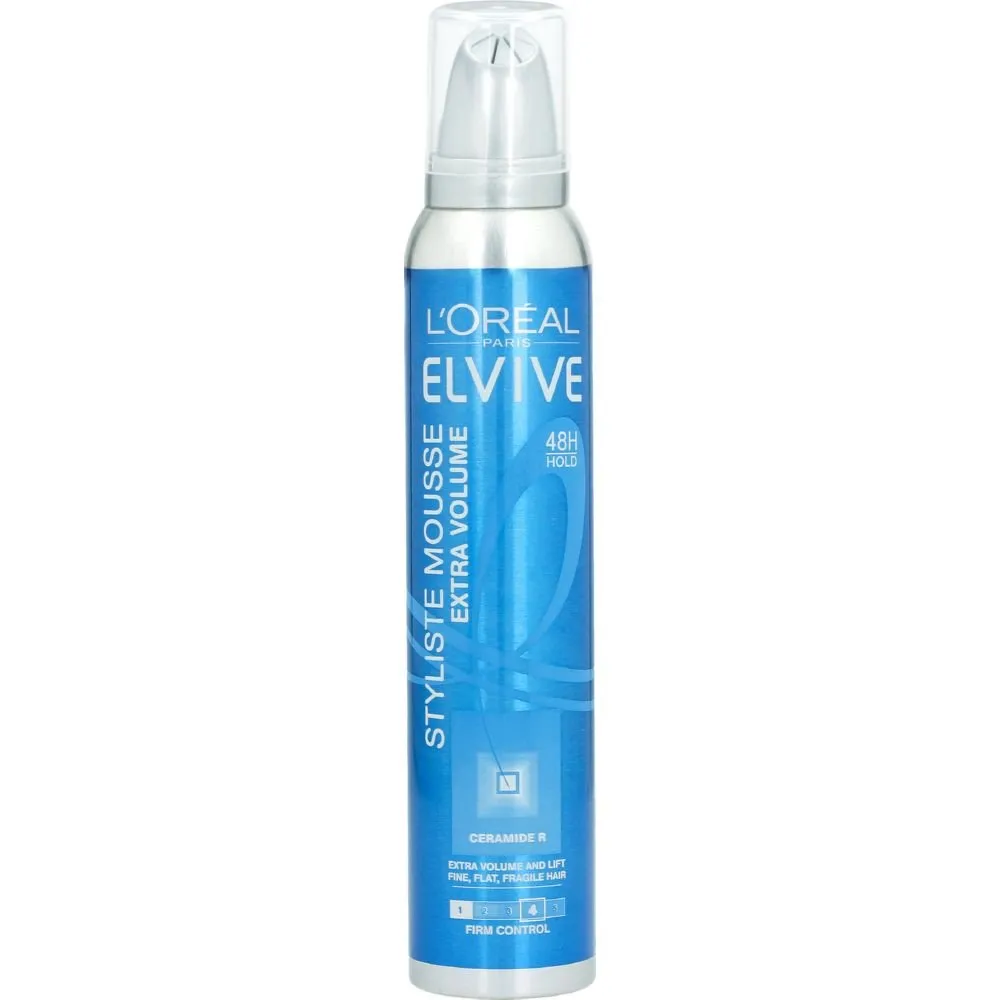 Front of L'Oréal Paris Elvive Styliste Mousse Extra Volume Firm Control 200 mL can