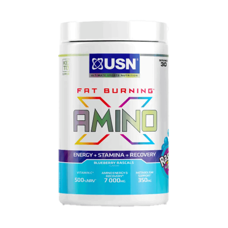 Front of USN Amino Energy Fat Burning Blueberry Rascals 300 g tub